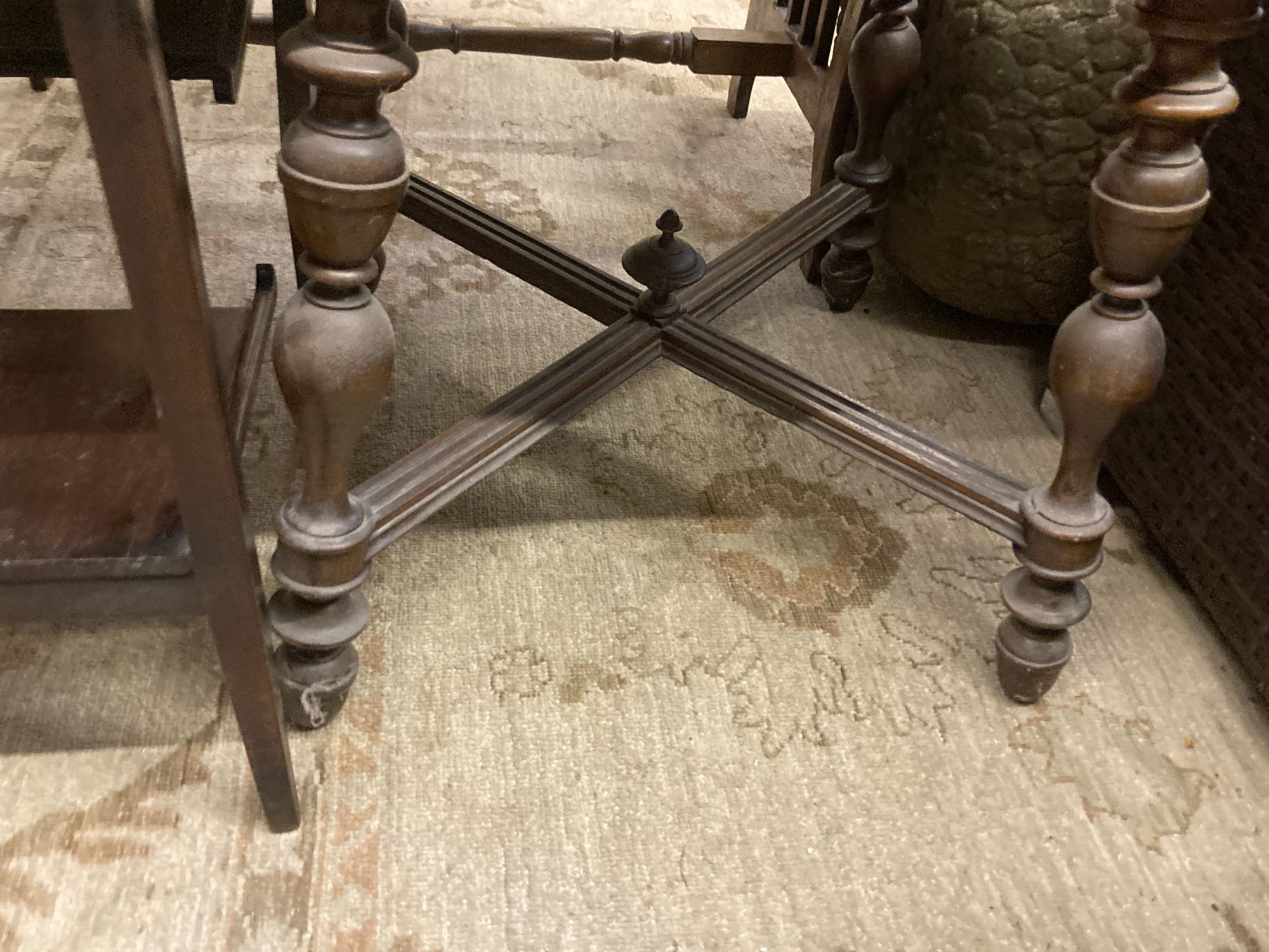 A Victorian two tier games table, width 50cm, depth 50cm, height 79cm together with an aesthetic movement side table and a plant stand